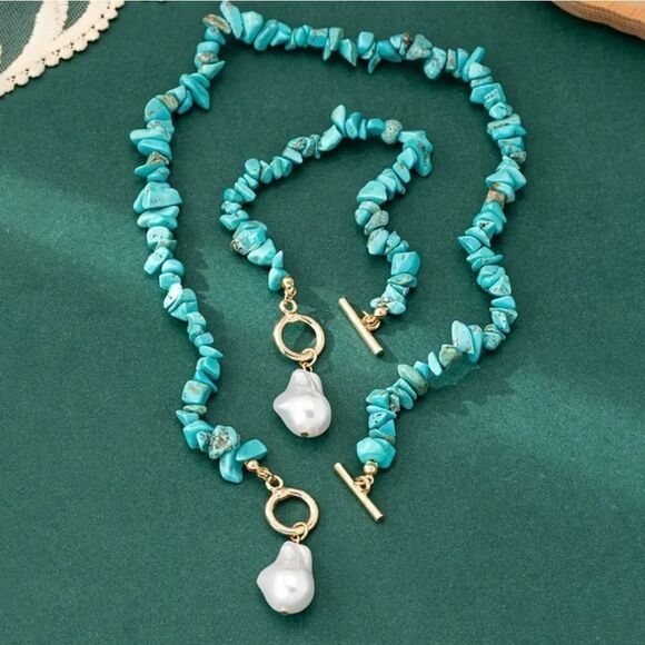 Turquoise and Pearl Beaded Golden  Necklace and Bracelet Set Fashion Jewelry - Picture 3 of 8